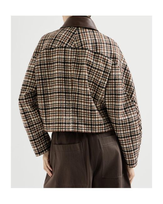 Brunello Cucinelli Brown Comfort Checked Wool And Alpaca Outerwear Jacket With Leather-Collar And Monili