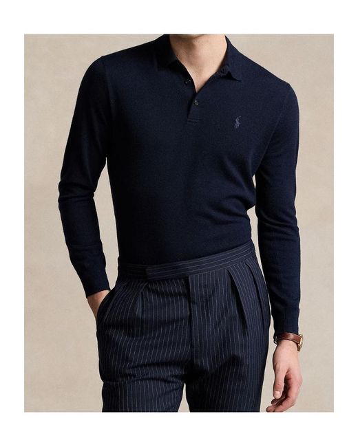 Polo Ralph Lauren Blue Logo Embroidered Long-Sleeved Polo Shirt for men