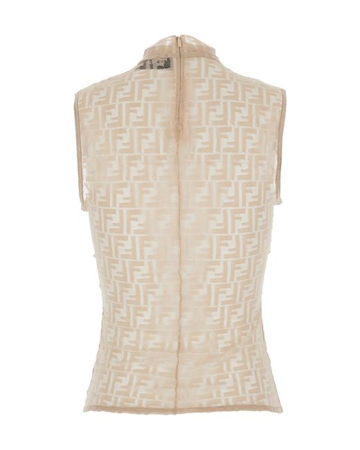 Fendi Natural Crewneck Sleeveless Top With All-Over Ff Motif And Rear Zip Closure