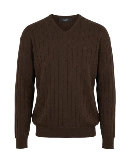 Gucci Brown Ribbed V-Neck Sweater for men