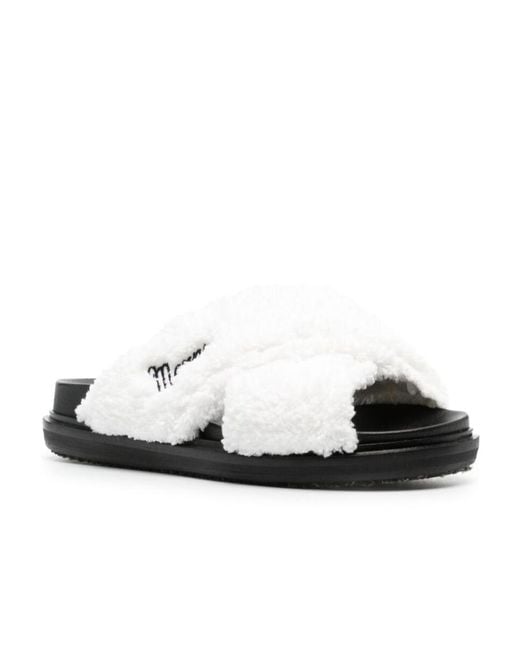Marni White Logo-Embroidered Shearling Sandals
