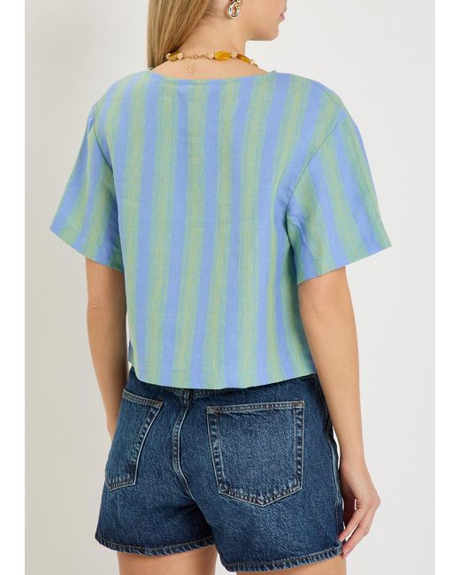 Staud Blue Ava Striped Tie-Front Linen Blouse