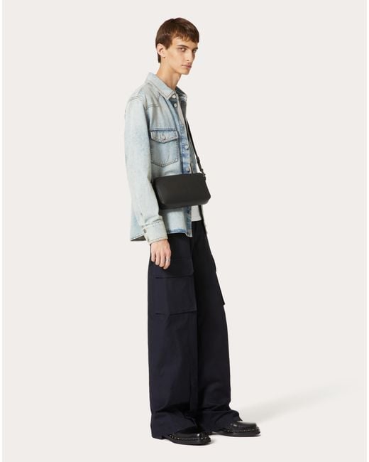 Valentino Blue Logo Plaque Long-Sleeved Denim Shirt for men