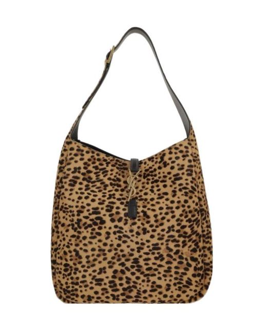 Saint Laurent Brown Leopard Printed Logo Plaque Shoulder Bag