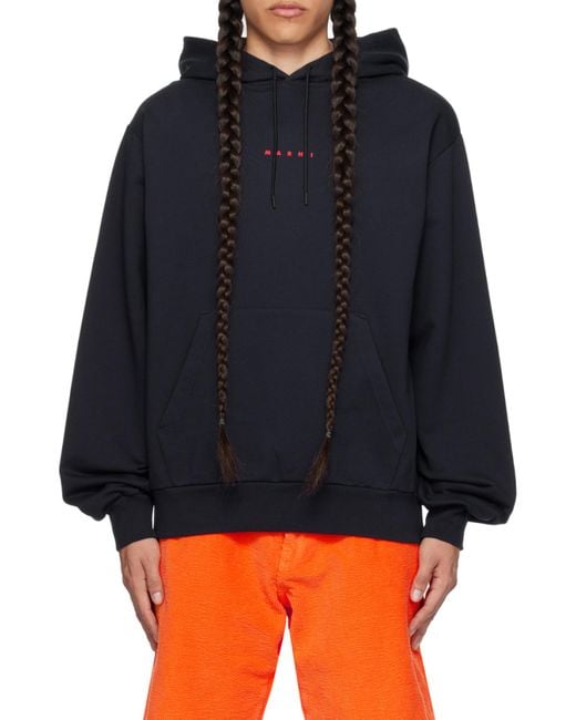 Marni Blue V-Neck Hoodie For Featuring A Kangaroo Pocket And Logo for men