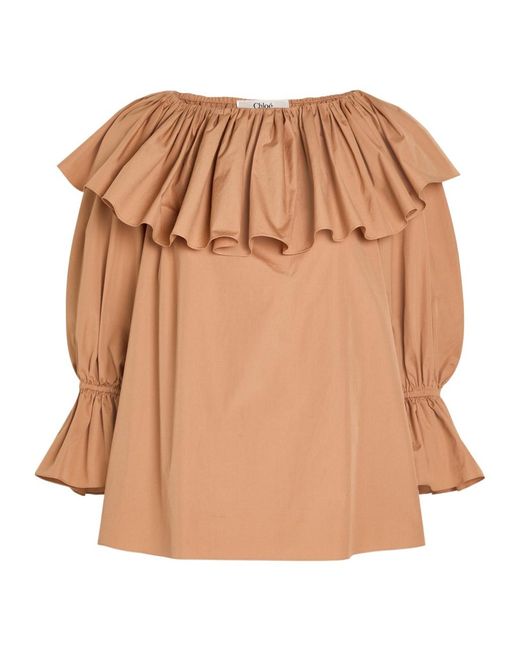 Chloé Brown Ruffle Cotton-Poplin Blouse