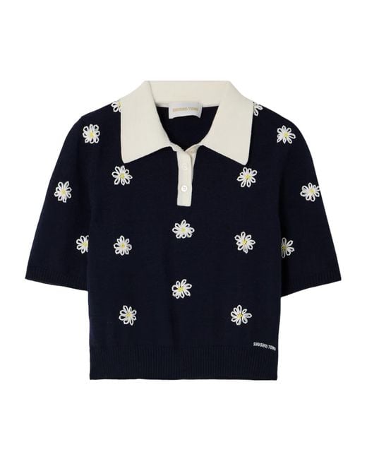 ShuShu/Tong Blue Floral Embroidery Short Polo Shirt