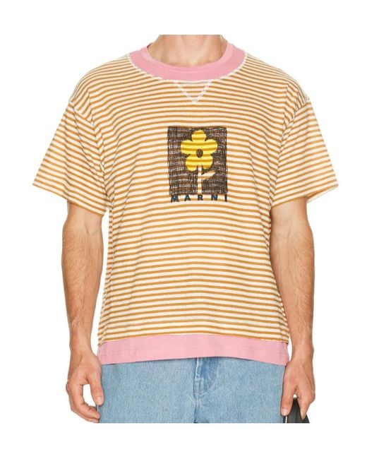 Marni White Stripe-Pattern Floral-Print T-Shirt for men
