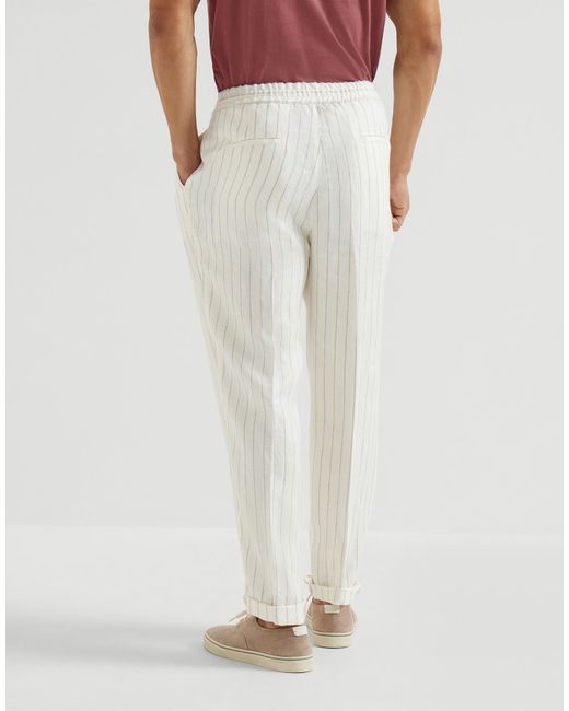 Brunello Cucinelli White Stripe Drawstring Pleated Trousers for men
