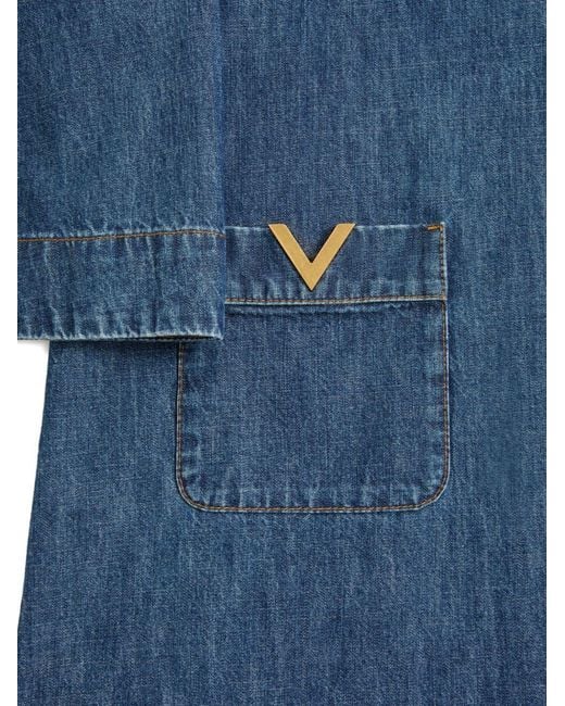 Valentino Blue Logo Plaque V-Neck Denim Dress