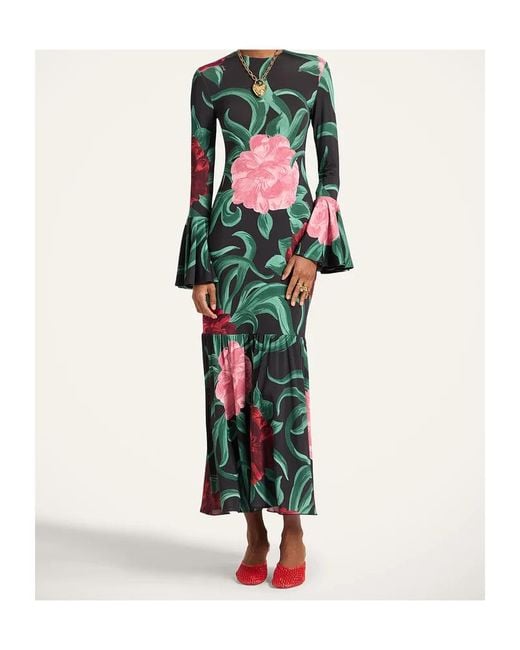 LaDoubleJ Green Alba Floral Ruffled Midi Dress