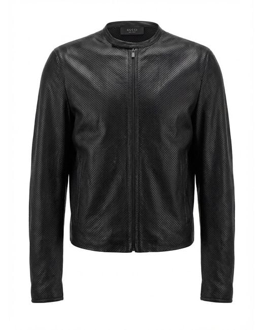 Gucci Black Perforated Stretch Leather Zip Jacket for men