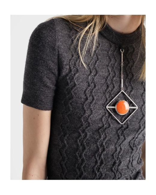 Prada Gray Short-Sleeve Knit Sweater With Pendants