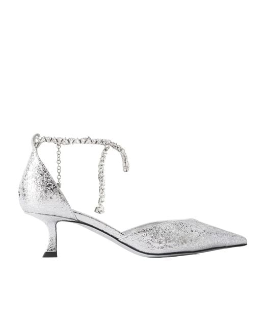 Jimmy Choo White Stevie 50 Crystal-Embellished Metallic Crinkled-Leather Pumps