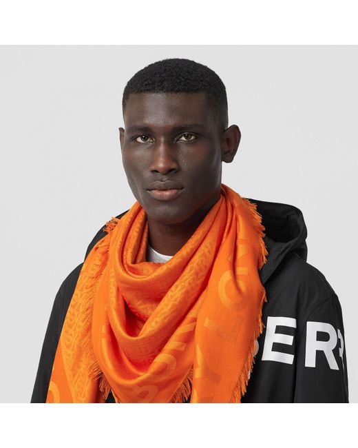 Burberry Orange Rugged Logo Print Jacquard Large Square Towel for men