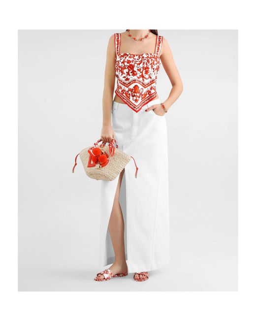 Dolce & Gabbana Red Majolica-Print Silk Twill Bustier Top
