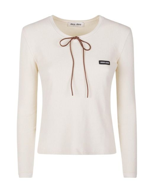 Miu Miu White Long-Sleeved Crewneck T-Shirt