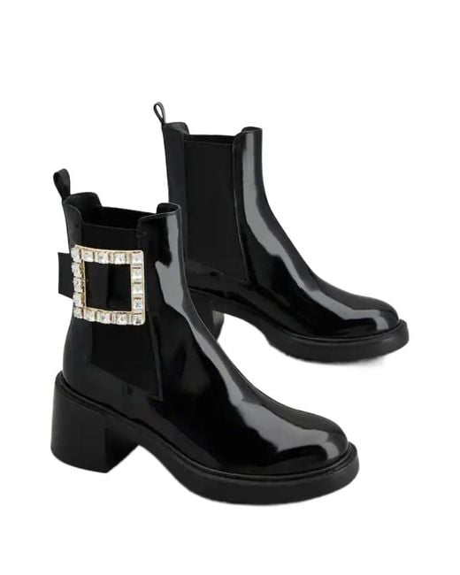 Roger Vivier Black Viv' Rangers Strass Buckle Chelsea Ankle Boots