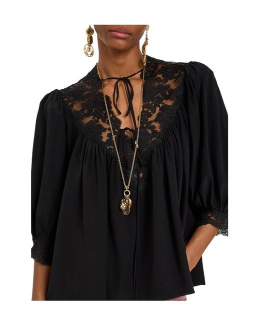 Chloé Black Lace-Trimmed Silk Blouse