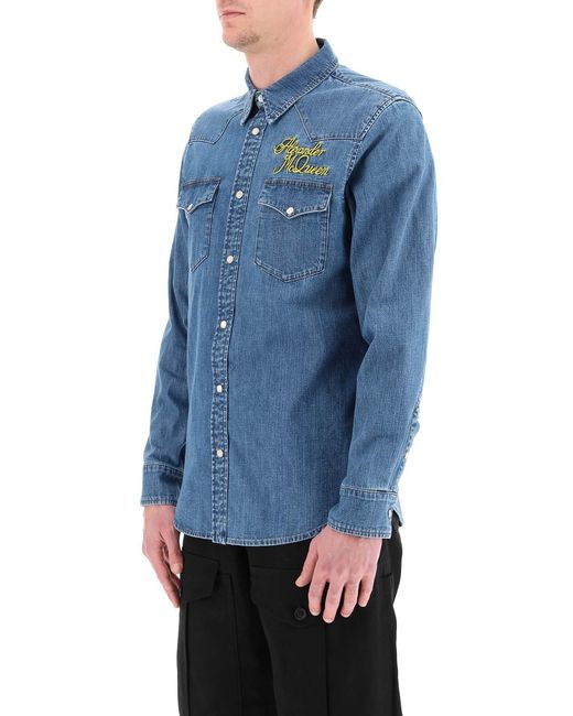 McQueen Blue Logo Detailed Denim Shirt for men