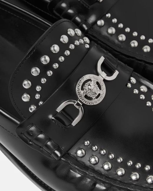 Versace Black Embellished Round-Toe Loafers for men