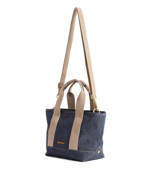Barbour Blue Mini Mya Tartan-Detail Denim Tote Bag