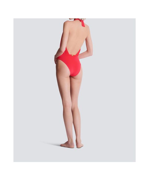 Balmain Red Plunge Halterneck Swimsuit