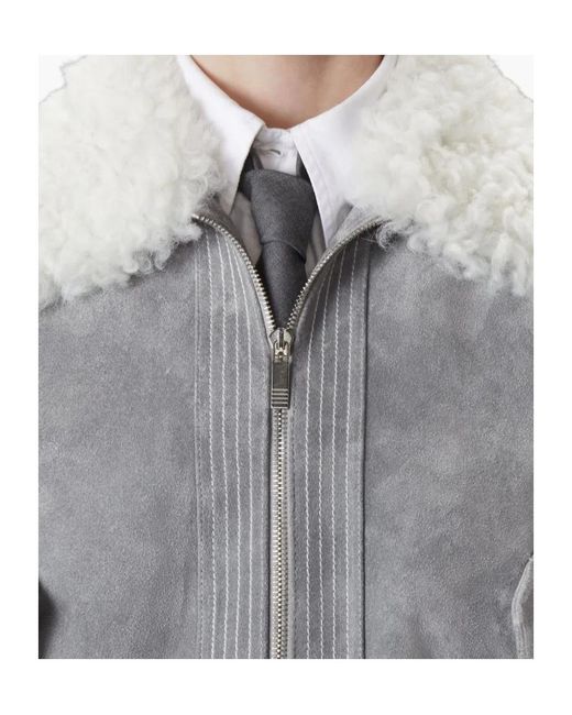 Thom Browne Gray Shearling-Collar Suede Jacket