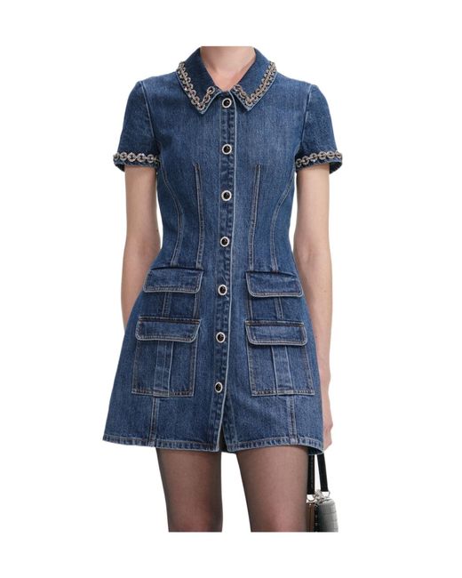 Self-Portrait Blue Embellished Trim Collared Denim Mini Dress