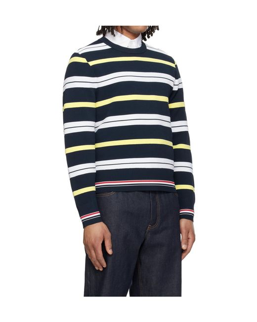 Thom Browne Blue Multicolored Striped Crew Neck Knit Sweater for men