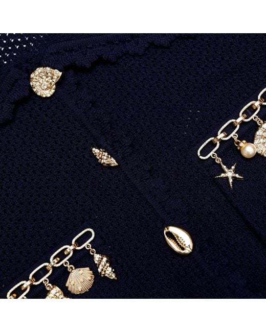 Self-Portrait Blue Charm-Detail Scalloped-Trim Buttoned Cardigan