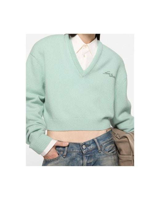 Acne Blue Logo Embroidered V-Neck Knitted Jumper