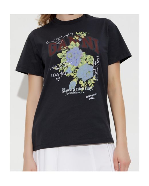 Ganni Black Flower Printed T-Shirt