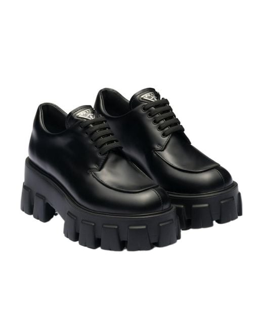 Prada Black Monolith Brushed Leather Lace-Up Shoes