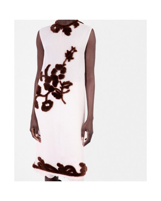 Prada Natural Silk Shearling-Appliqué Midi Dress