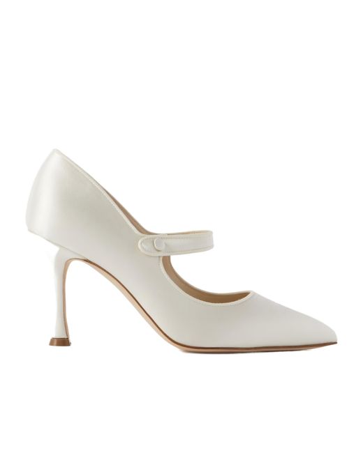 Manolo Blahnik White Grosgrain-Trimmed Satin Mary Jane Pumps
