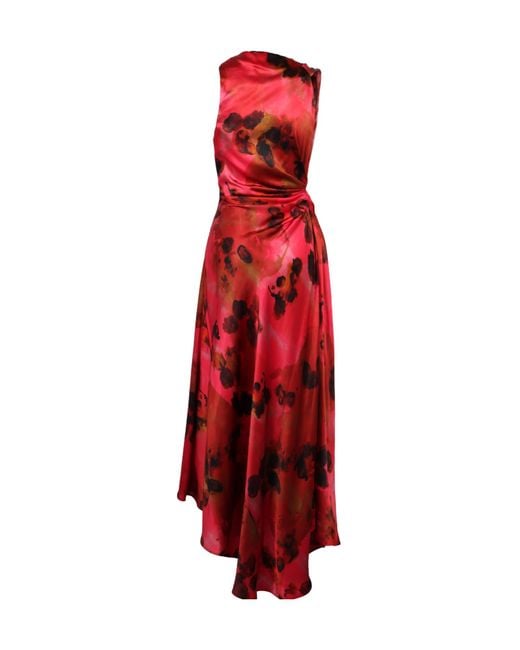 Victoria Beckham Red Asymmetric Hem Floral-Printed Satin Midi Dress