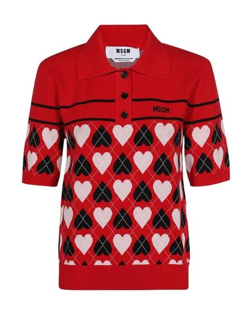 MSGM Red Heart-Pattern Polo Shirt