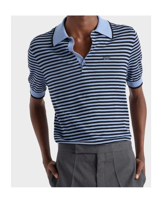Prada Blue Striped Polo Sweater for men