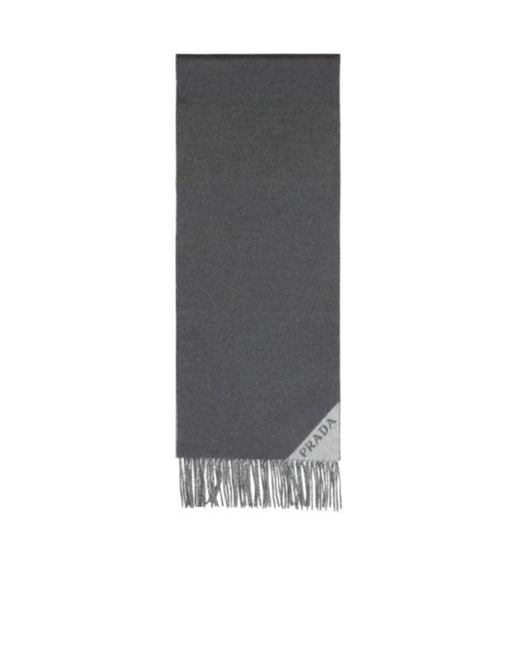 Prada Gray Logo Jacquard Fringed Edge Scarf for men