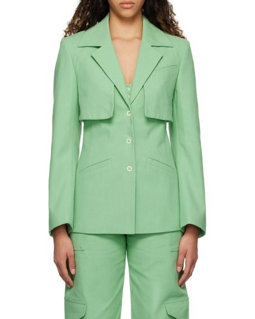 Ganni Green Single-Breasted Tailored Blazer