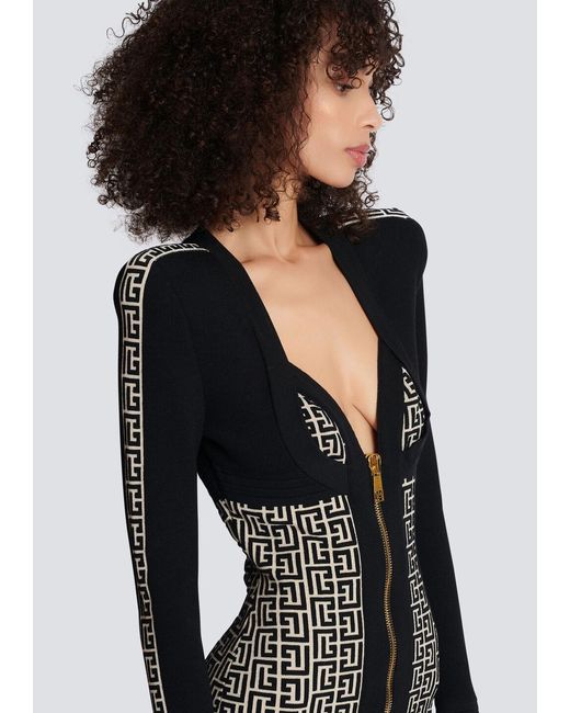 Balmain Black Monogrammed Bodycon Knitted Dress