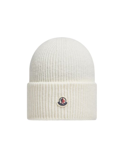 Moncler White Logo Patch Knit Beanie