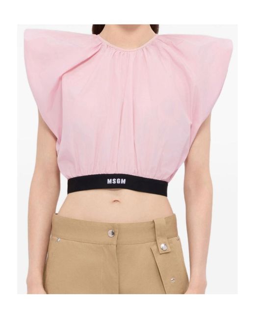MSGM Pink Logo-Print Cropped Blouse