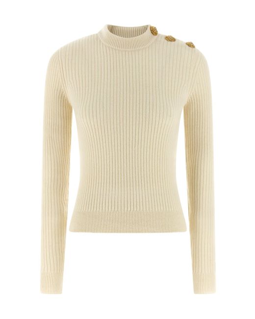 Balmain White Button Embellished Knitted Pullover