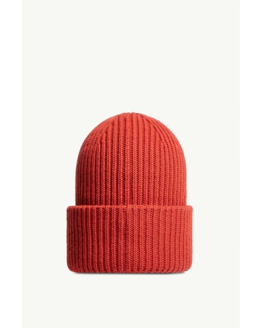 Moncler Red Logo Patch Ribbed Beanie for men