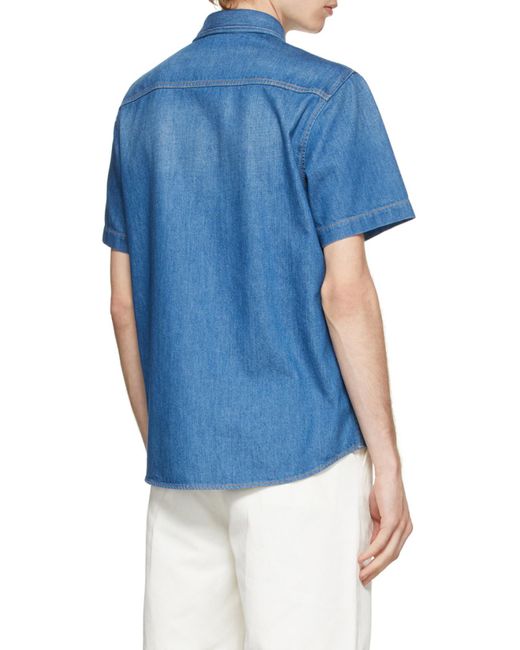 Gucci Blue Logo Patch Short-Sleeved Denim Shirt for men