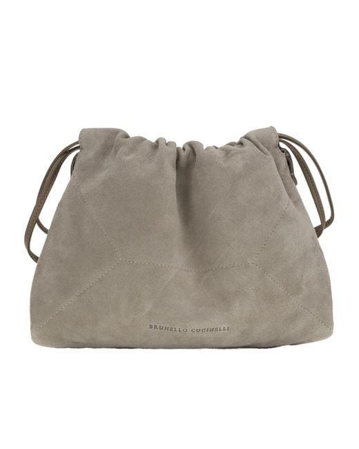 Brunello Cucinelli Gray Gathered Suede Shoulder Bag