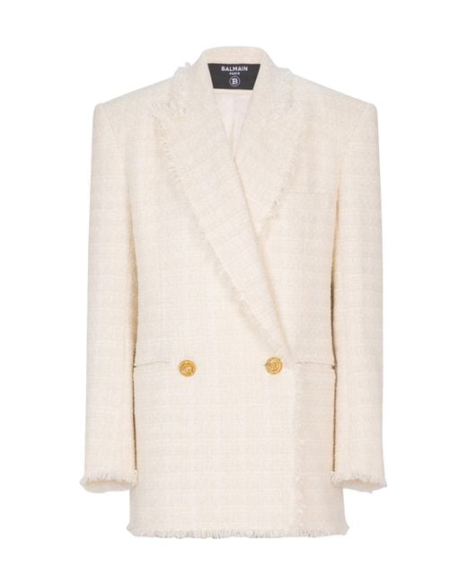 Balmain White Double-Breasted Fringed Trim Jacket