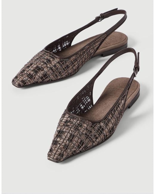 Brunello Cucinelli Brown Precious Check Embroidery Slingback Flats